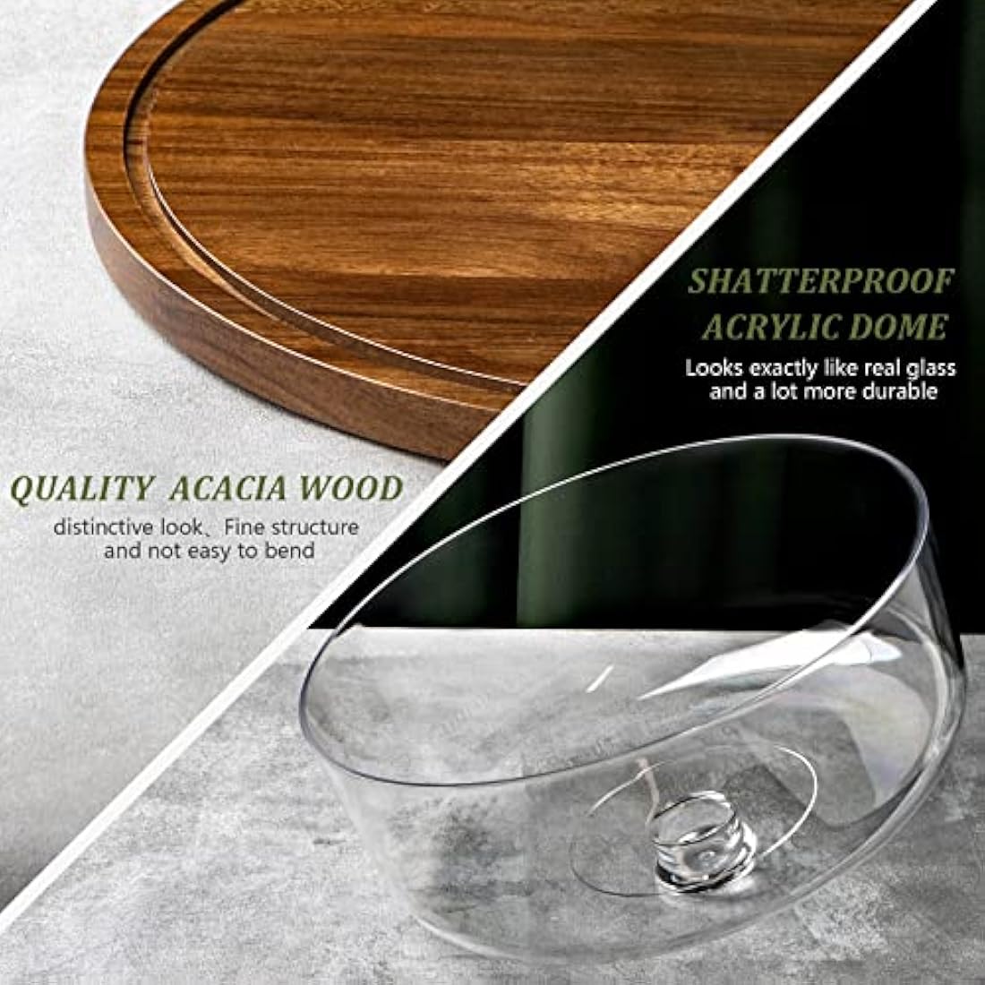 ANBOXIT Cake Stand with Dome Lid, Acacia Wood Cake Plate with Cover, Wooden Cake Display Stand with Acrylic Dome ( Flat )