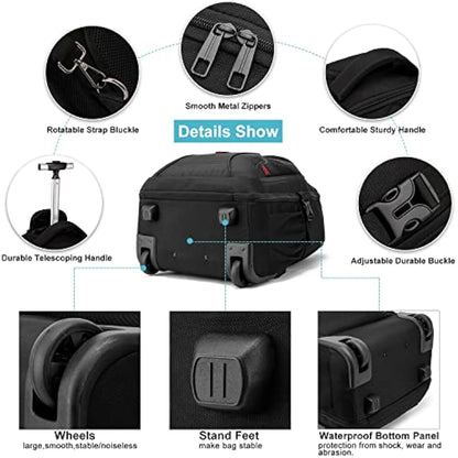 LIGSAN Travel Backpack with Wheels, 17inch Wheeled for Men Women Rolling Laptop Bags on Wheels Waterproof Rucksack Cabin Bag Trolley Suitcase Business College School Bag, Black