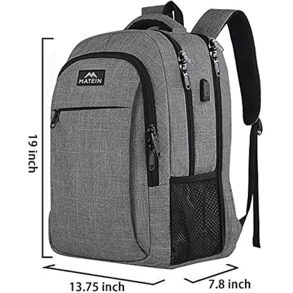 MATEIN Laptop Backpack 17.3 Inch Large Anti-Theft Backpack with USB Charging Port College Bag Daypack for Men Women Water Resistant Laptop Rucksack for Travel Work Business Office, Grey