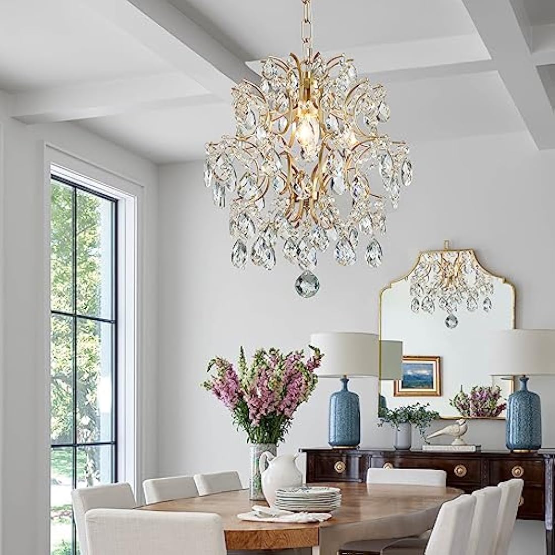 BESTIER Gold Modern Pendant Chandelier Crystal Raindrop Lighting Ceiling Light Fixture Lamp for Dining Room Bathroom Bedroom Livingroom 1 E27 Bulbs Required D32cm x H40cm