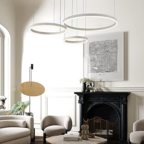 STARRYOL Modern LED Pendant Light, 3 Rings White Paint Collection, Adjustable Pendant Light Modern Ceiling Chandelier, Dimmable 2700K - 6500K, with Remote Control 78W