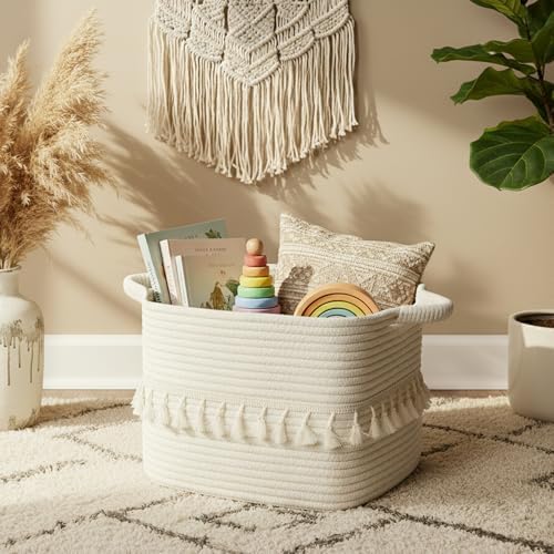 TeoKJ Storage Basket 38x25x22cm – Handwoven with Tassels, Rope Bin for Living Room, Bathroom, Decorative Woven Storage Solution White