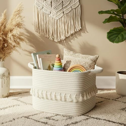 TeoKJ Storage Basket 38x25x22cm – Handwoven with Tassels, Rope Bin for Living Room, Bathroom, Decorative Woven Storage Solution White