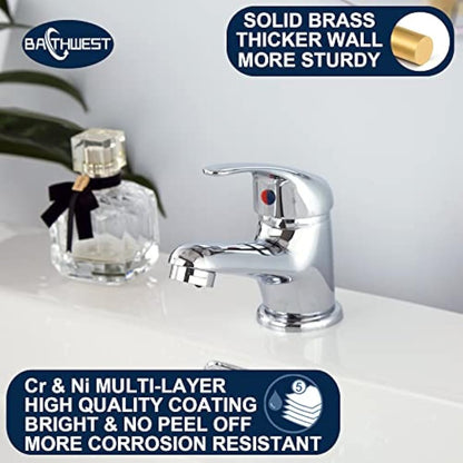 Basin Mixer Tap with Pop Up Waste, BATHWEST Classic Brass Chrome Monobloc Bathroom Sink Taps with Sink Plug, Single Lever Morden Basin Taps with Waste 022NCR