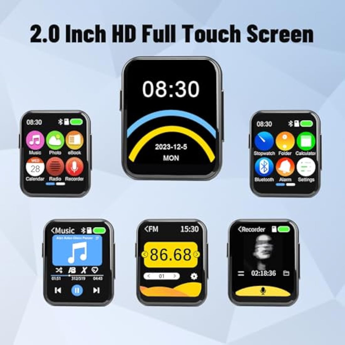 128GB MP3 Player with Bluetooth 5.3, Portable Digital Lossless Music Player with Built-in Speaker, 2.0 in Full Touch Screen, HiFi Sound, FM Radio, Voice Recorder, Earphones Included