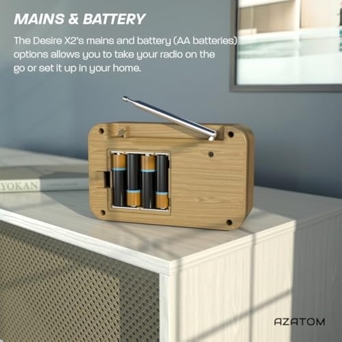 DAB/DAB+ & FM Portable Digital Radio | Simple Controls | Dual Alarms & Sleep Timer | Battery & Mains Powered (4x”AA”) | Bluetooth | Perfect for Home, Office or Outdoors | AZATOM Desire X2 (Oak)