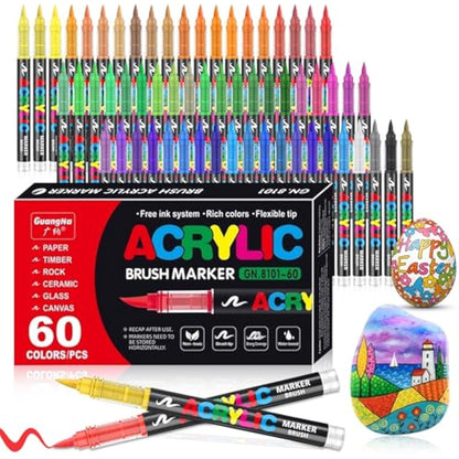 VAKKI 60 Color Acrylic Paint Pens, Acrylic Brush Markers, Paint Pens For Colouring, Stone, Calligraphy, Wood, Canvas, Glass, Ceramics