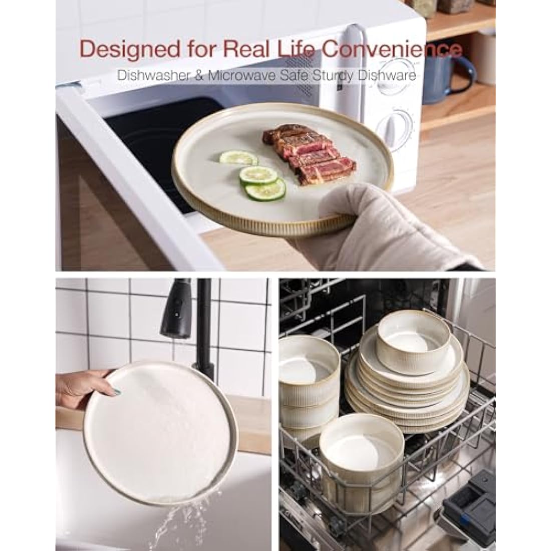 Richmount Star Plates and Bowls Set, 12 Pieces Dinner Set for 4, Stoneware Dinnerware Sets with Dinner Plates/Salad Plate/Cereal Bowls, Dishwasher & Microwave Safe, Cappuccino White