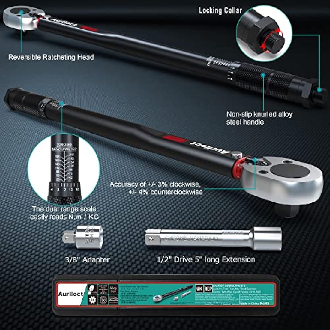 Aurlloct 1/2 Inch Drive Click Torque Wrench 20-230 Nm Black