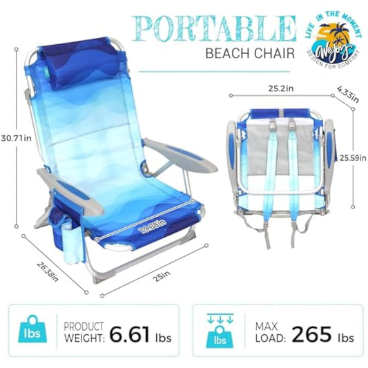 #WEJOY 4-Position Folding Beach Chair - Lightweight Aluminum Camping Chair for Adults, High Back Recliner with Pillow & Storage Pocket, Portable