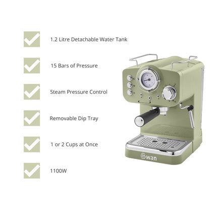 Swan SK22110GN Retro Espresso Coffee Machine with Milk Frother, Steam Pressure Control, 1.2L Detachable Water Tank, 1100W, Retro Green