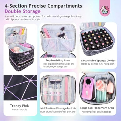 SAVILAND Nail Polish Organizer Bag: PU Leather Nail Kit Organizer Holds 30 Bottles & Nail Lamp, Black Nail Supply Organizer Nail Polish Carrying Case Gel Nail Organizers and Storage Box for Nail Tech