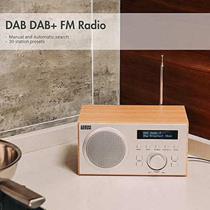 August MB420 DAB+ Radio with Bluetooth Speaker – Digital DAB & FM Radio with 30 Station Presets, Dual Alarm Clock, Sleep Timer, 5W Bass Reflex Stereo Speakers, Aux/USB/Mains Power, LCD Display – Oak