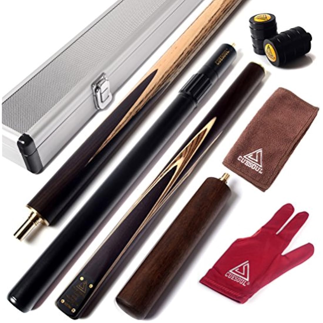CUESOUL 57" 3/4 Jointed Snooker Billiard Pool Cue Handcrafted 18oz with Telescopic Aluminium Extension & 6" Walnut Extension, Ash Shaft & Walnut Butt, in Aluminium Cue Case, 9.5mm Tip Snooker Cue Set