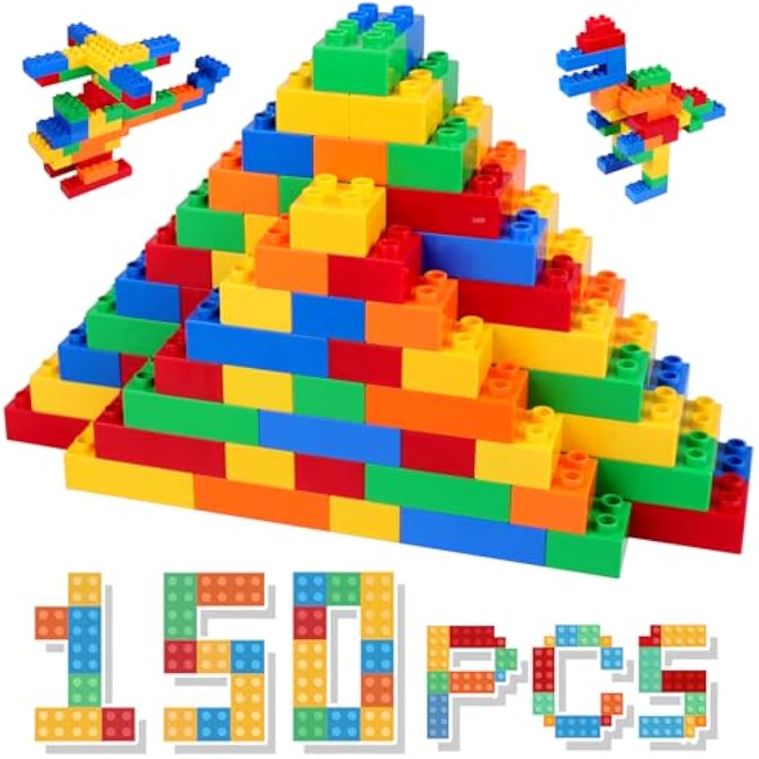 HIUME Large Building Block Set, 150 Building Blocks, Compatible with Duplo Building Bricks and Top Brands, Suitable for Children Aged 3 4 5 6 Years, A Great Building Block Gift for Boys and Girls.