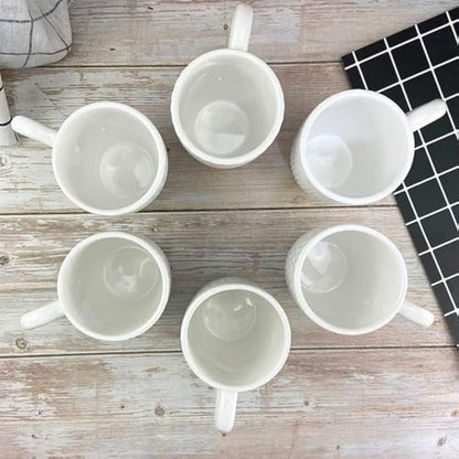 Hoikwo 12oz / 380ml Coffee Mugs Set of 6, White Bone China Mugs with Relief Pattern for Coffee, Tea, Latte, Milk, Cocoa, Juice and Other Hot Drinks