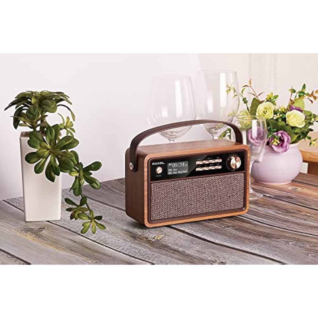 Roxel Retro D1 Vintage DAB+/FM Radio Wireless Speaker | Bedside Alarm Clock with Sleep Function. Rustic Exterior, Mains and USB Rechargeable, TF card, AUX and USB Compatible (Walnut)
