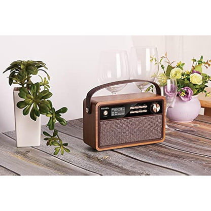 Roxel Retro D1 Vintage DAB+/FM Radio Wireless Speaker | Bedside Alarm Clock with Sleep Function. Rustic Exterior, Mains and USB Rechargeable, TF card, AUX and USB Compatible (Walnut)