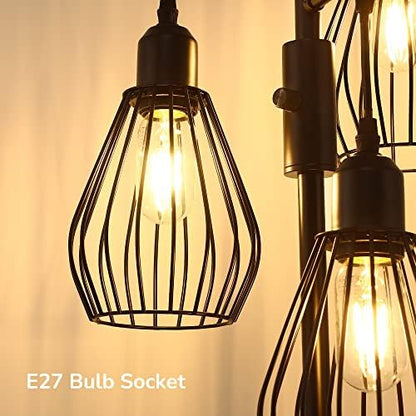 EDISHINE Industrial Floor Lamp, Dimmable Standing Lamp with Wire Cage Lampshade, Floor Lamps for Living Room, Bedroom, E27 Sockets, 3 LED Bulbs Included, Black Metal