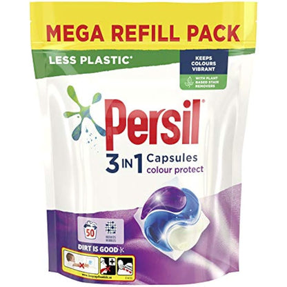Persil Colour 3 in 1 Laundry Detergent Washing Pods Capsules Tablets Mega Refill Pack (50 Wash) Upto 2 months supply Keeps colours vibrant, Brilliant Plant-Based Stain Removal With Comfort Freshness