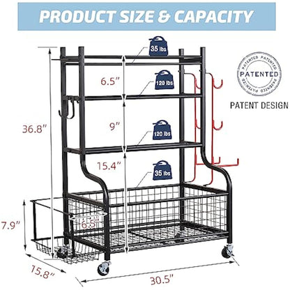 Mythinglogic Dumbbell Rack Stand, Multifunctional Weight Rack for Dumbbells, Yoga Mat, Fascia Roller, Kettlebell and Yoga Block, Powder-Coated Steel Dumbbell Stand with Wheels and Hooks