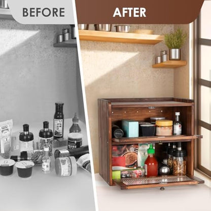 GUUSII HOME Bread Bin Wooden Breads Storage Box for Kitchen Countertop Double Decker Large food Container Homemade Front Opening Vintage Tall Fruit & Veg Cupboard Keep Fresh 36.5x24x34 cm(Brown, L)