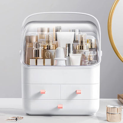 LINFIDITE Cosmetic Storage Box with Lid Makeup Organizer Box with Dust Free Cover Portable Handle,Large Makeup Display Case with Drawers Fully Open Lid,Great for Bathroom Countertop Bedroom Dresser