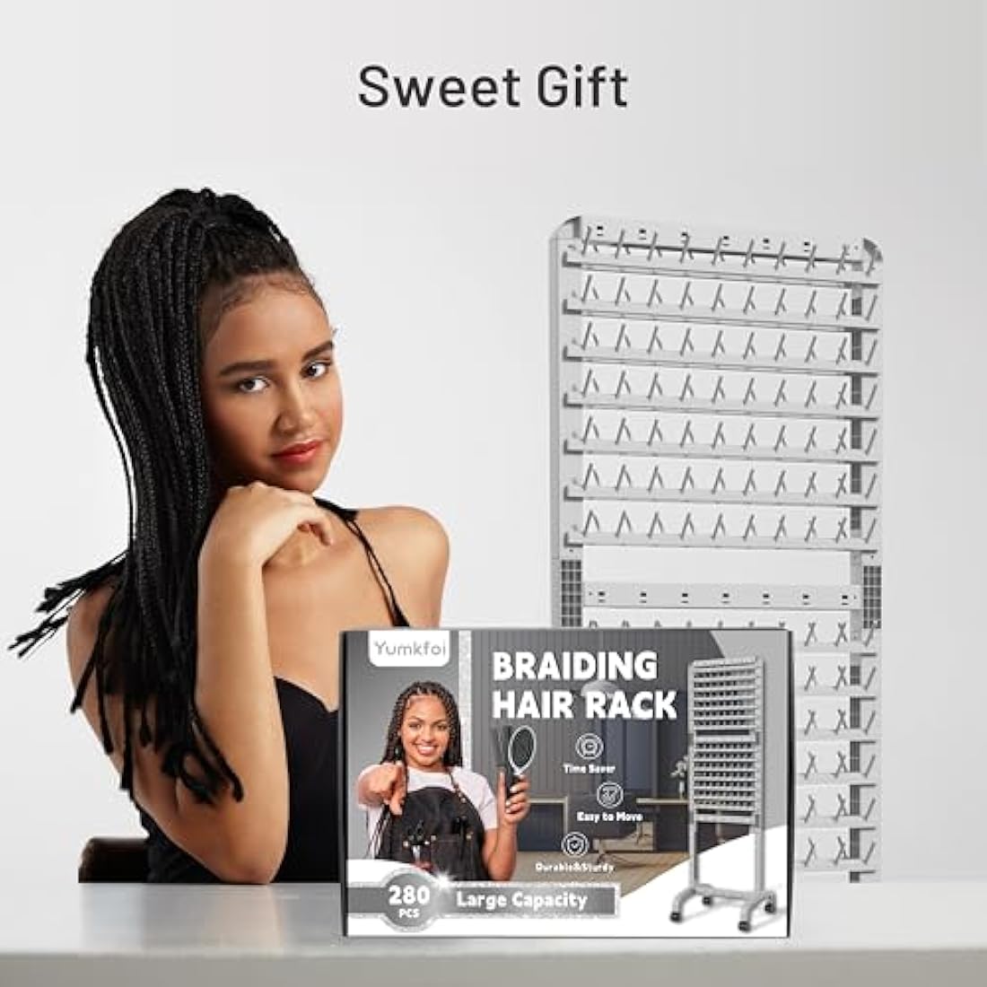 Adjustable Braiding Hair Rack 280 Pegs, 2-Sided Braid Rack for Hair Braiding, Height Adjustable Hair Separator Stand with Wheels, Pink Standing Braid Rack for Braiders Standing for Stylists