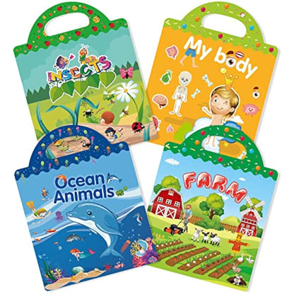 GUYUCOM 4 Pack Reusable Sticker Books, Toys for Age 2 3 4 Year Old Kids Boys Toddlers, 3D Clear Ocean Boay Insect Farm Sticker Book Educational Learning Toy Birthday Gifts