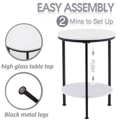 GOLDFAN Small Side Table Modern Round Coffee Table End Metal Lamp Table with 2 Tier Shelves for Living Room Bedroom,White