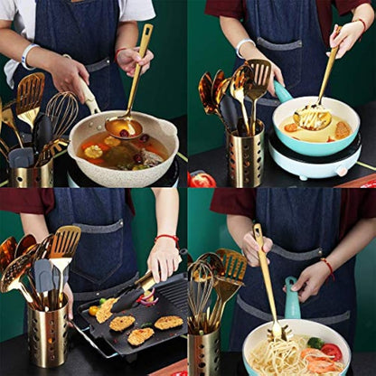 Berglander Gold Cooking Utensils Set, Stainless Steel 13 Pieces Kitchen Utensils Set with Titanium Gold Plating, Kitchen Tools Set with Utensil Holder, Dishwasher Safe, Easy to Clean