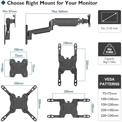 BONTEC Wall Mount for 13-42 Inch Screens, Gas Spring Monitor Arm Holds Up to 8kg, Adjustable Tilt Swivel Mount, Single Arm With VESA Extension Kit Fit VESA 75/100/200