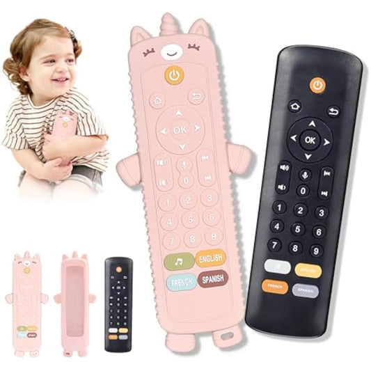 Baby Remote Control Toy with Silicone Teether Cover - Baby Musical Toys, Early Number Learning in 3 Languages (English, Spanish & French), Preschool Infant Girl Toys 6, 9, 12, 18 Month.