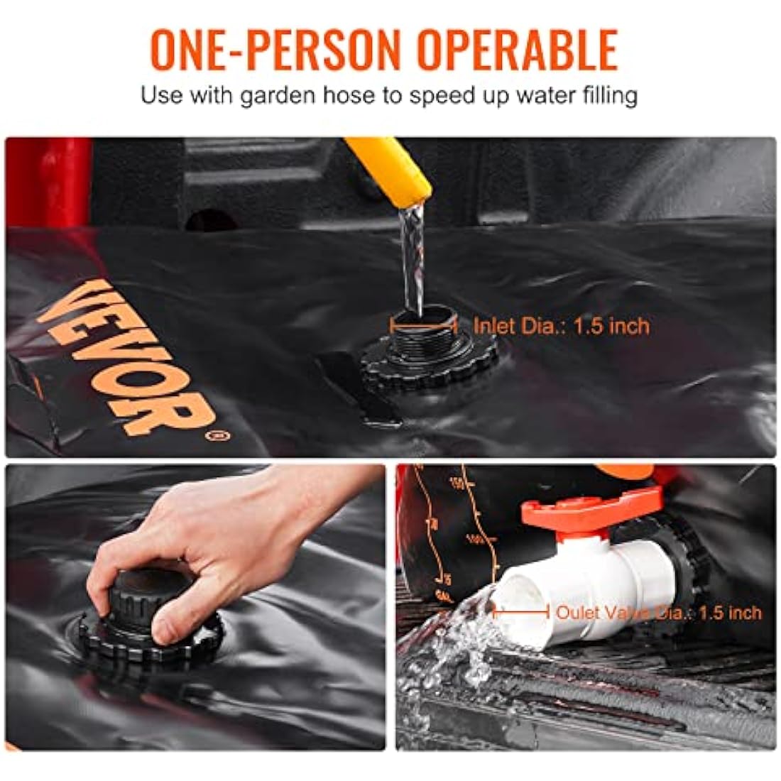 VEVOR Water Tank Bladder, 143 Gallon Large Capacity, PVC Collapsible Water Bladder Including Spigots and Overflow Kit, Portable Water Storage Bladder for Garden Water Catcher, Black