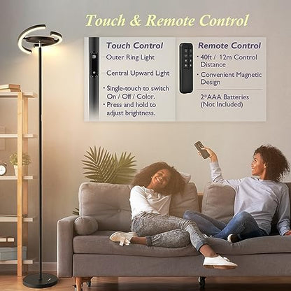 FIMEI Floor Lamp, Stepless Dimming & 3000K - 6000K Color Temperatures, Remote/Touch Independent Control, Eye-Protecting, Uplighter Floor Lamp for Living Room, Central Lamp Upward, Black