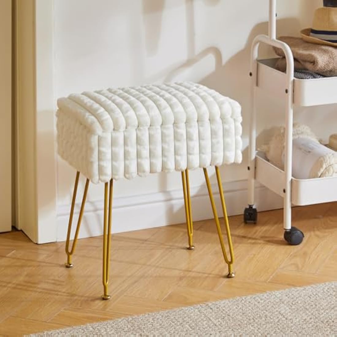 IBUYKE Rectangle Vanity Chair with Storage Space, Footrest Footstool Ottoman, Vanity Stool, Dressing Table Chair, with Anti-Slip Feet, for Makeup Room, Bedroom, Square grid pattern, White WBD004W