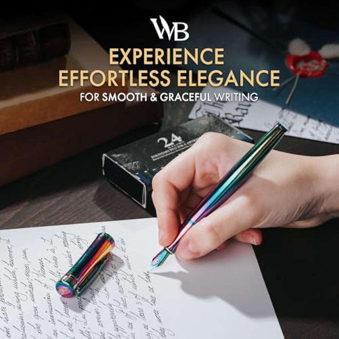 Wordsworth & Black Fountain Pen Set, 18K Gilded Medium Nib, Includes 24 Pack Ink Cartridges, Ink Refill Converter & Gift Box, Gold Finish, Calligraphy, [Rainbow], Perfect for Men & Women