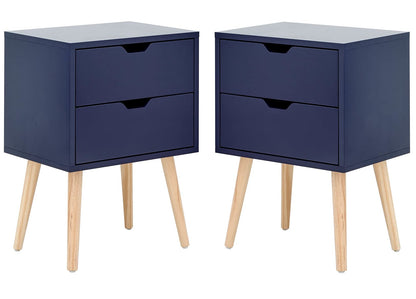 GFW Nyborg Set of 2 Bedside Cabinets, Nightshadow Blue 2 Drawer Scandi Nightstands with Wooden Legs and Cut-Out Handles