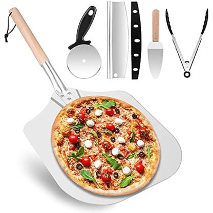 Sinbury Pizza Peel Tools Set, 5 PCS Pizza Making Tool Kit, Including 12 Inch Pizza Paddle, Rocker Cutter, Spatula, Cutter, Food Clip,