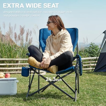 EVER ADVANCED Oversized Folding Camping Chair for Adults with Adjustable Lumbar Support, Heavy Duty Chair with Side Pockets, Portable Collapsible for Outside, Support Up to 230KG,Blue