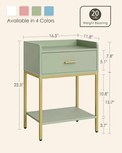 HEYZOEY Bedside Table, 3-tier Modern Bedside Table with Storage Drawer and Shelf, Small Side Table for Bedroom, Living Room, Green