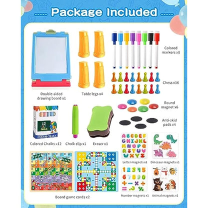 Elovien Easel Kids, 4 in 1 Double Sided Toddler Art Easel with Chalkboard & Magnetic Whiteboard, Foldable Kids Tabletop Easel with Drawing & Writing Accessories - Gift for Boys and Girls (Blue)