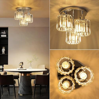 FORCOSO Ceiling Light 3 Lights, Modern Light Shade Crystal Light Fitting, Semi Flush Chandelier Lampshade, E27 Lighting Fixture for Living Room Bedroom Hallway Kitchen Dining Room Foyer Chrome