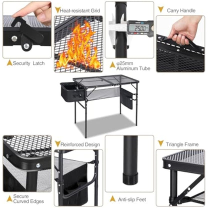 REDCAMP Folding Portable Grill Table with Sink for Outside, Lightweight Aluminum Metal Grill Stand Picnic Table for Camping Cooking BBQ RV Picnic, 2 Heights Adjustable,Black 36"x20"