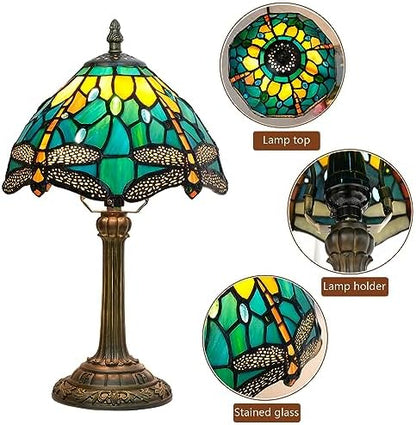 Blivuself Tiffany Style Stained Glass Table Lamp Dragonfly Green Yellow Bedroom Bedside Reading Desk Light for Office Dormitory Bar Restaurant Decorate Retro Unique Cute Small Night Light Gift 8 inch