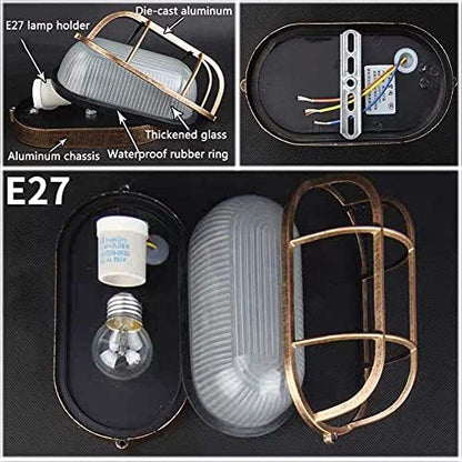 Bulkhead Lights Outdoor, Nautical Outdoor Wall Lights, Oval Bulkhead Wall Light, E27 Base, Wall & Ceiling Mount, Aluminum with Frosted Glass, Weatherproof Security Light for Porch Patio Garden Garage