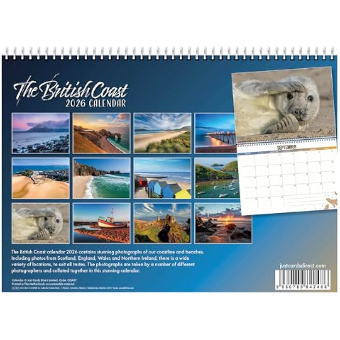 British Coast Calendar 2026, with beautiful scenery from the British Isles. 2026 wall calendar UK, month to view with spiral binding, by Just Cards Direct