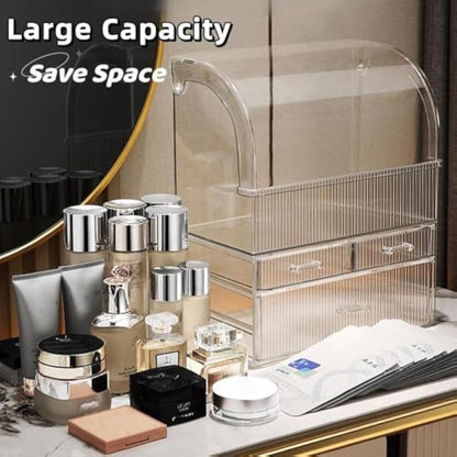 Suyoo Makeup Storage Organiser, XL Large Acrylic Cosmetics Organizer Skincare Display Case with Drawers and Waterproof Cover for Countertop, Bathroom, Dresser(Black-XL)