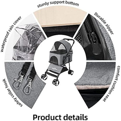 Bingopaw Pet Stroller, Foldable Dog Pram 4 Wheel Kitten Pram for Puppy and Cat with Detachable Blanket and Rain Cover as Gift Loads Up to 20KG