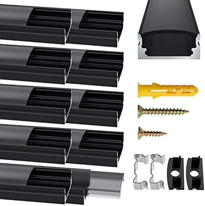 Jirvyuk LED Aluminum Channel, 10 Pack 1m/3.3ft Led Diffuser Strip and Profile for LED Strip Lights with Black Cover Indoor, End Caps and Metal Mounting Clips - (U Shape)